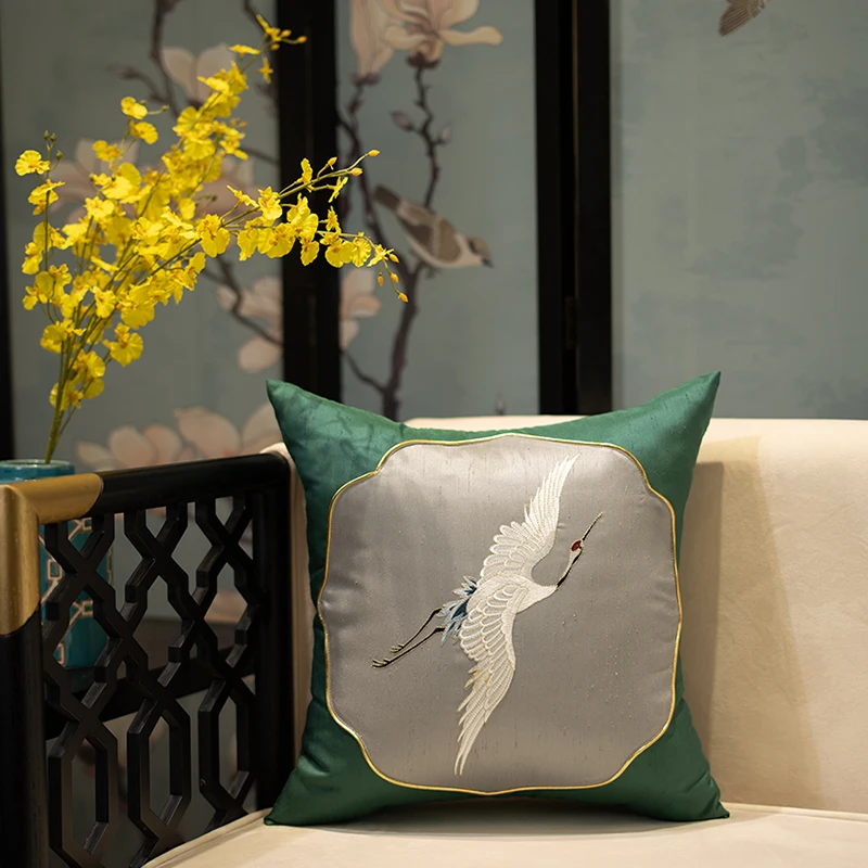 

DUNXDECO Cushion Cover Decorative Pillow Case Modern Chinese Crane Elegent Luxury Embroidery Coussin Sofa Bedding Decorating