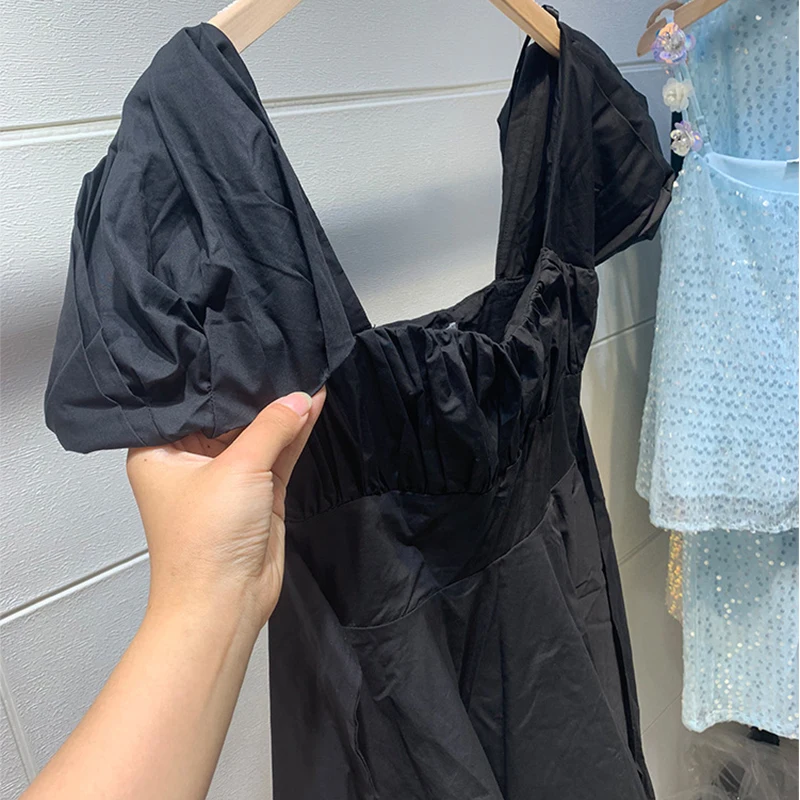 

Women Black Cotton Dress Square Collar Puff Sleeve Back Bow High Waist Casual Summer Dress