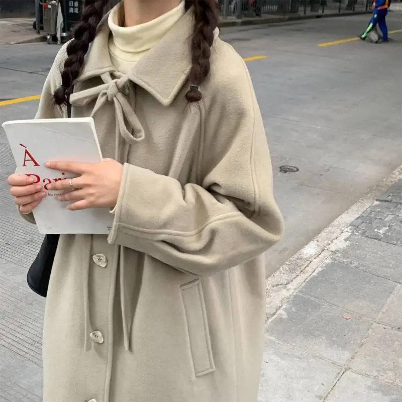 

2021 autumn new bandage sweet temperament medium length over knee woolen coat college style girl versatile coat
