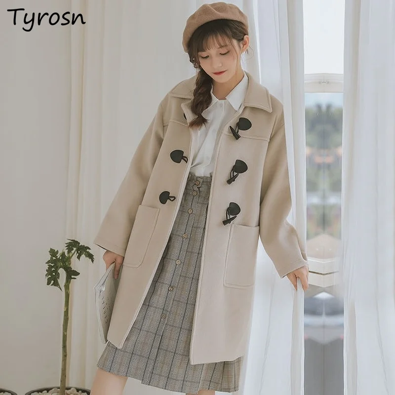 

Женское однобортное пальто из смешанной шерсти, теплая милая мягкая универсальная мешковатая верхняя одежда с отложным воротником в Корей...