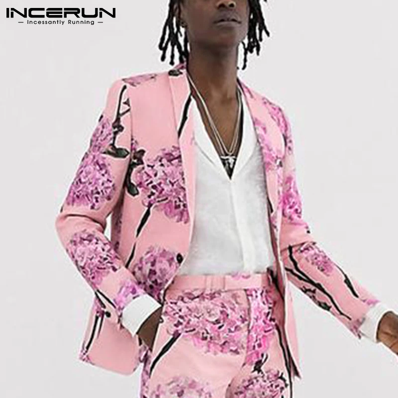 

Модный мужской блейзер INCERUN 2021, уличная одежда с цветочным принтом, отложным воротником и длинным рукавом, повседневные костюмы, мужские эле...