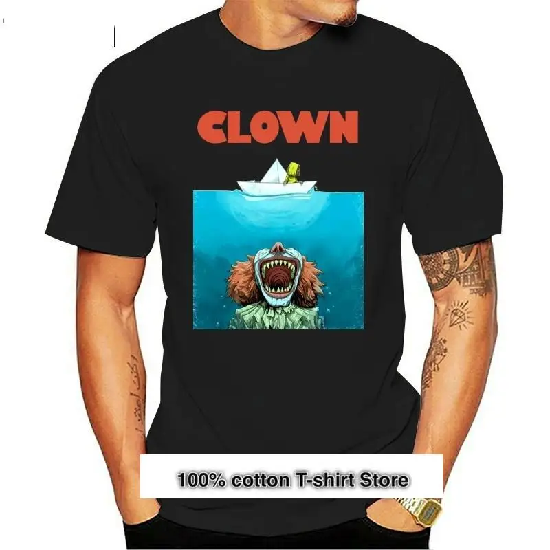 

New Tiburón cartel parodia de Stephen King Pennywise payaso divertido Horror negro camiseta Harajuku camiseta de Hip Hop