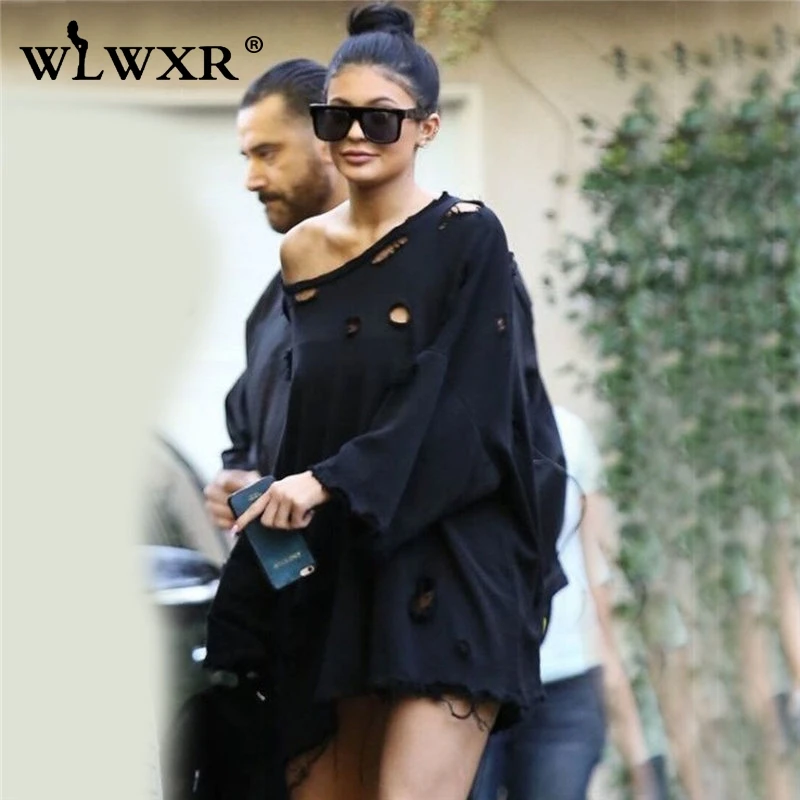 WLWXR свободный свитер для женщин пуловер с дырками черная свободная толстовка