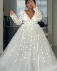 Женское вечернее платье с цветочной аппликацией, белое Тюлевое платье до пола с длинным рукавом, V-образным вырезом, молнией на спине, 2021
