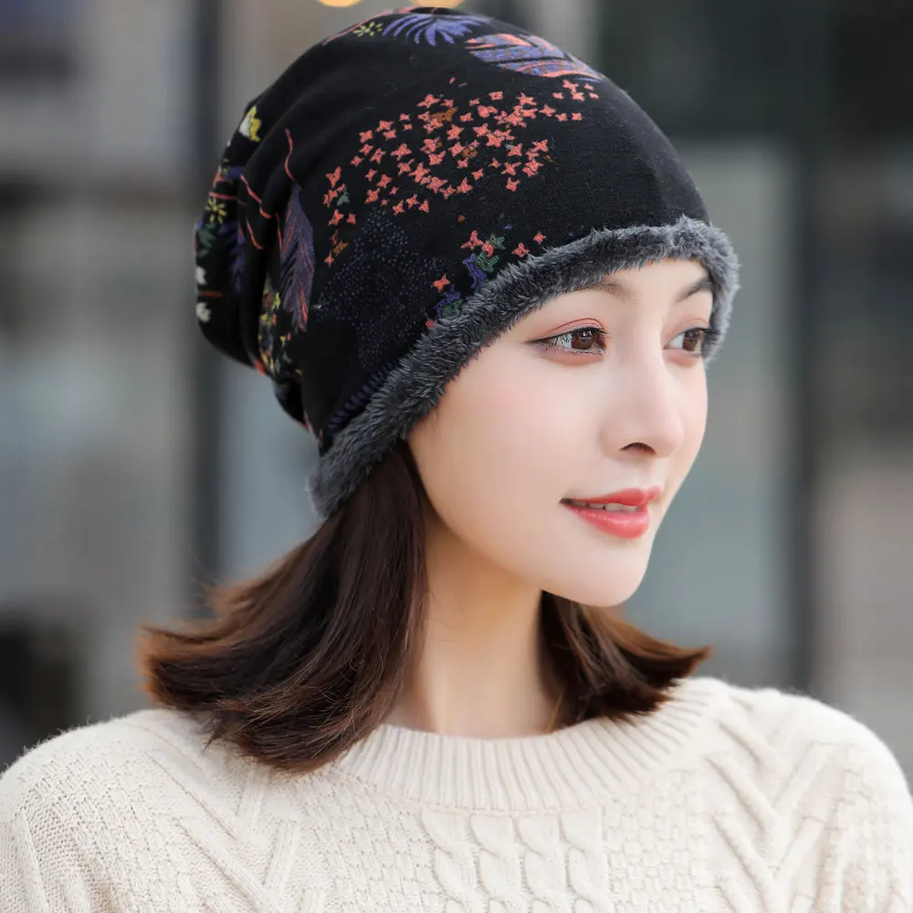 2022 Winter Hat Women Plus velvet Beanie Cap Print Warm Red Fashion Gorro Caps Soft Bonnet