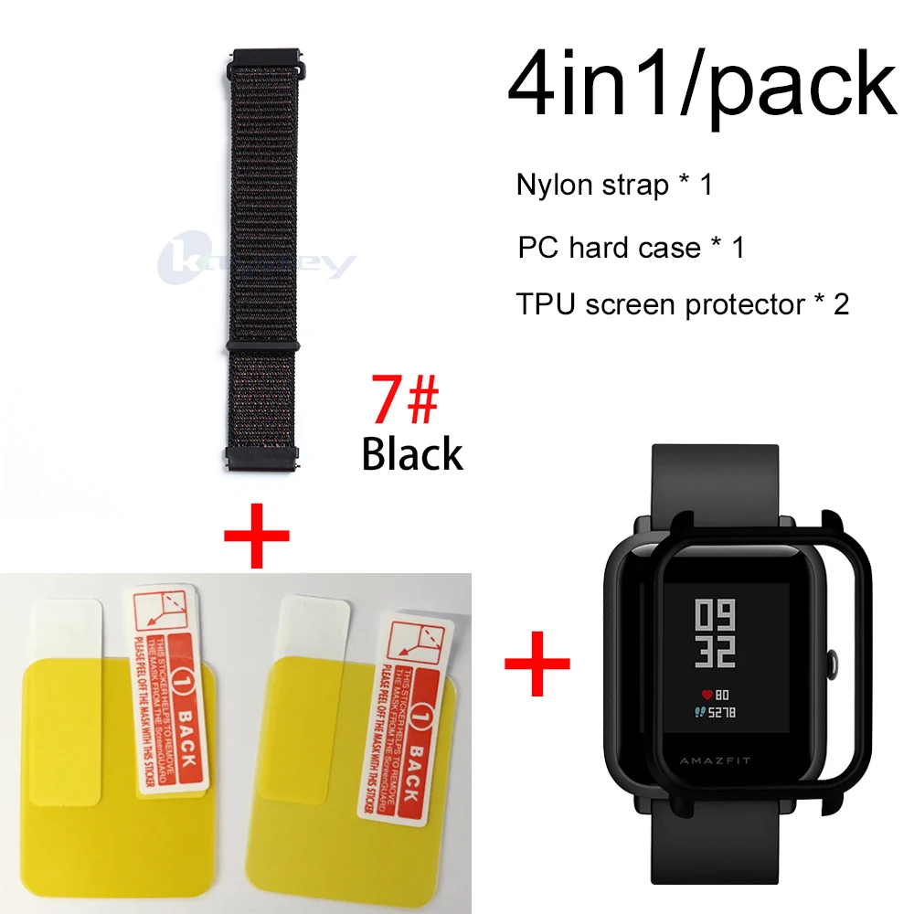 7-Black case 4в1 для Xiaomi Huami Amazfit ремешок bip браслет нейлоновая петля Smartwatch Браслет amazfit bip чехол с защитой экрана - Цвет: 7-Black case