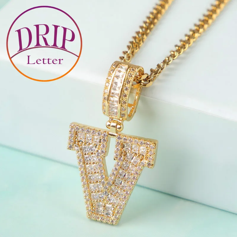 

Big Zircon Baguette Pendant Gold Color Soild Letters With Cuban Chain Men Women Hip Hop Necklace Jewelry