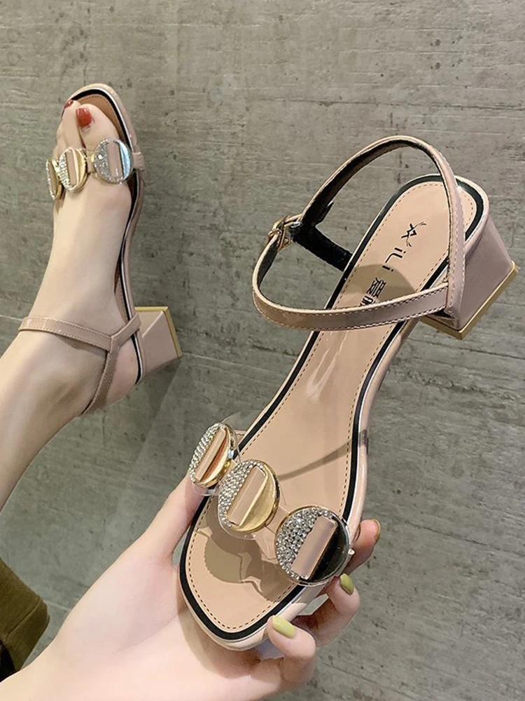 

2021 Summer Rhinestone Sandals Sale Of Women's Shoes All-Match Block Heels Suit Female Beige Buckle Strap Med New Chunky Girls B