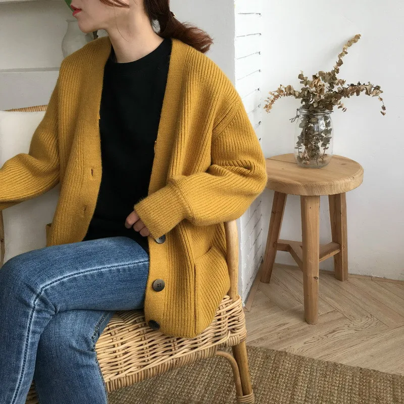 Женский свободный свитер в полоску желтый трикотажный кардиган с длинным