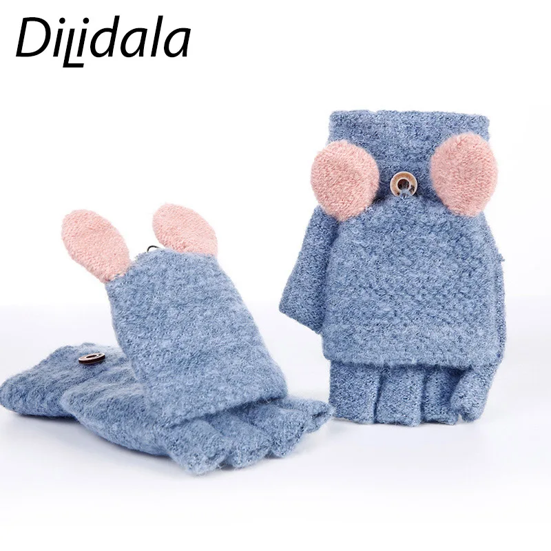 Dilidala, зимние вязаные плюшевые перчатки для девочек, милые студенческие перчатки на половину пальца, флисовая верхняя одежда, женские бархатные теплые зимние перчатки