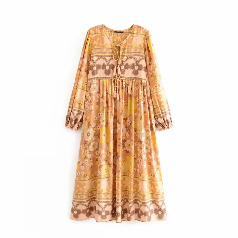 Boho королев для женщин с цветочным принтом Длинные Рукава Кисточкой оборками