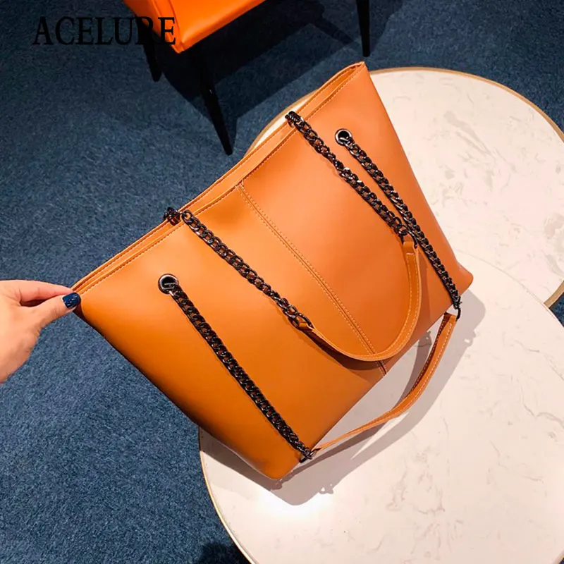 

ACELURE High Capacity Metal Chain Shoulder Bags for Women Solid Soft PU Leather Large Casual Tote Bags Ladies Shopping Handbags