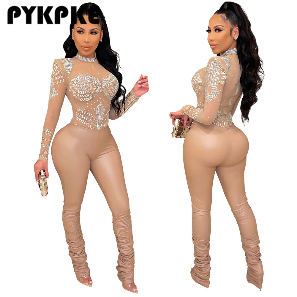 

Sexy Jumpsuits Women Rhinestone Sheer Mesh PU Patchwork Jumpsuit Elegant Party Club Rompers