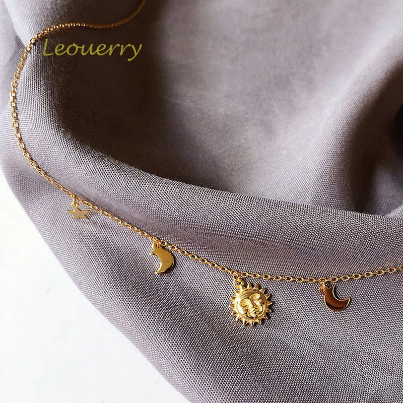 Leouerry 925 Sterling Silver Beautiful Sun Moon Star Necklace 14K Gold Plated Clavicular Chain Necklace for Women Simple Jewelry