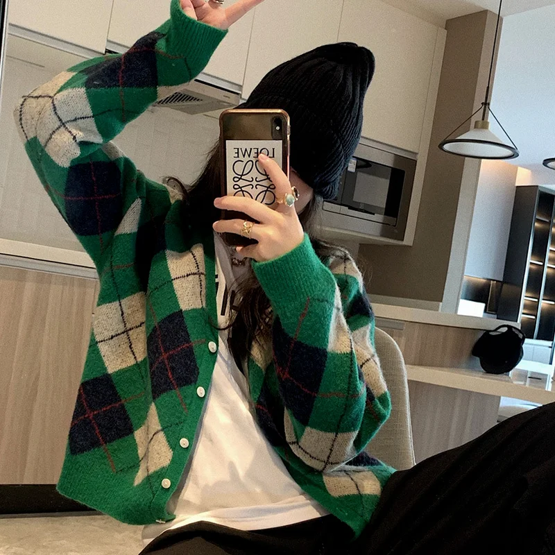 

V Neck Color Block Argyle Sweater Cardigan Single Breasted Women Fall Black Green Vintage Outerwear Women Tops Kawaii Y716