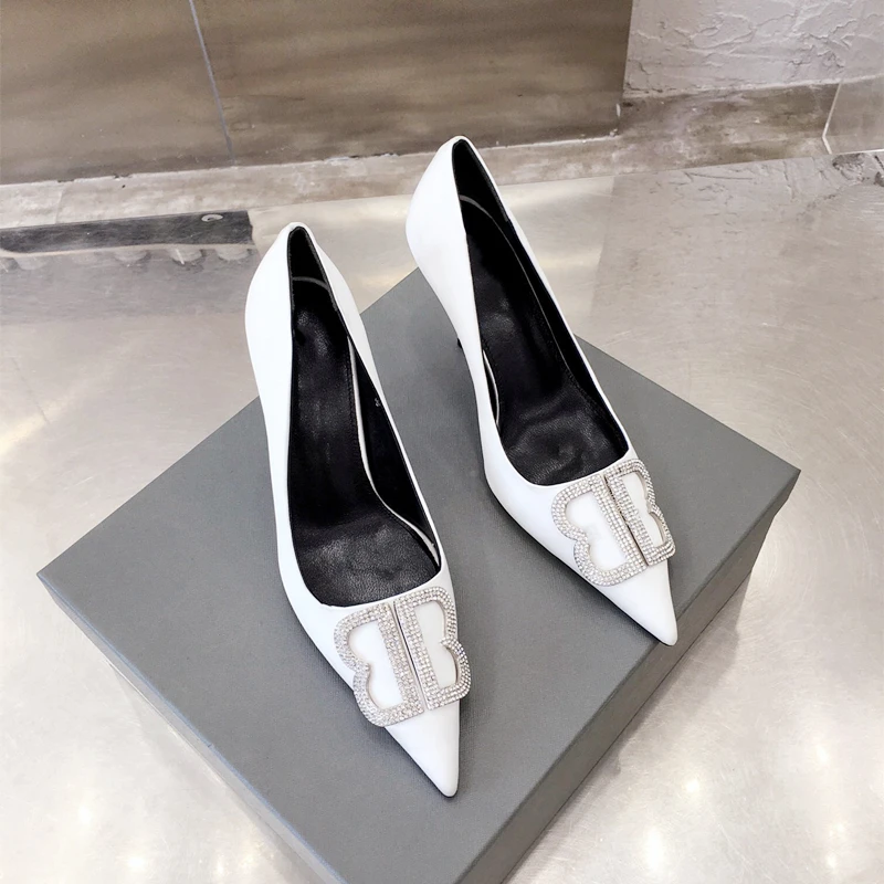 

2021 FW белые женские туфли на высоком каблуке Стразы с кристаллами заостренный носок на шпильке туфли-лодочки Свадебные Роскошные дизайнерск...