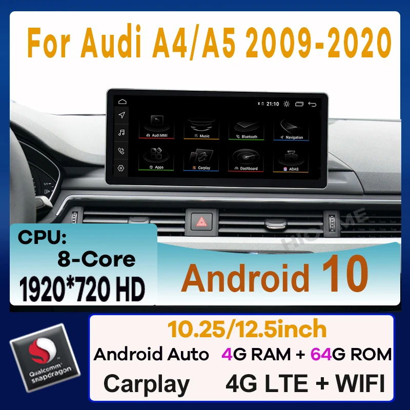 

12.5" Snapdragon 4+64G Android 10 Car Radio Multimedia Player GPS Navigation for Audi A4 A4L B9 2009-2020 Stereo CarPlay