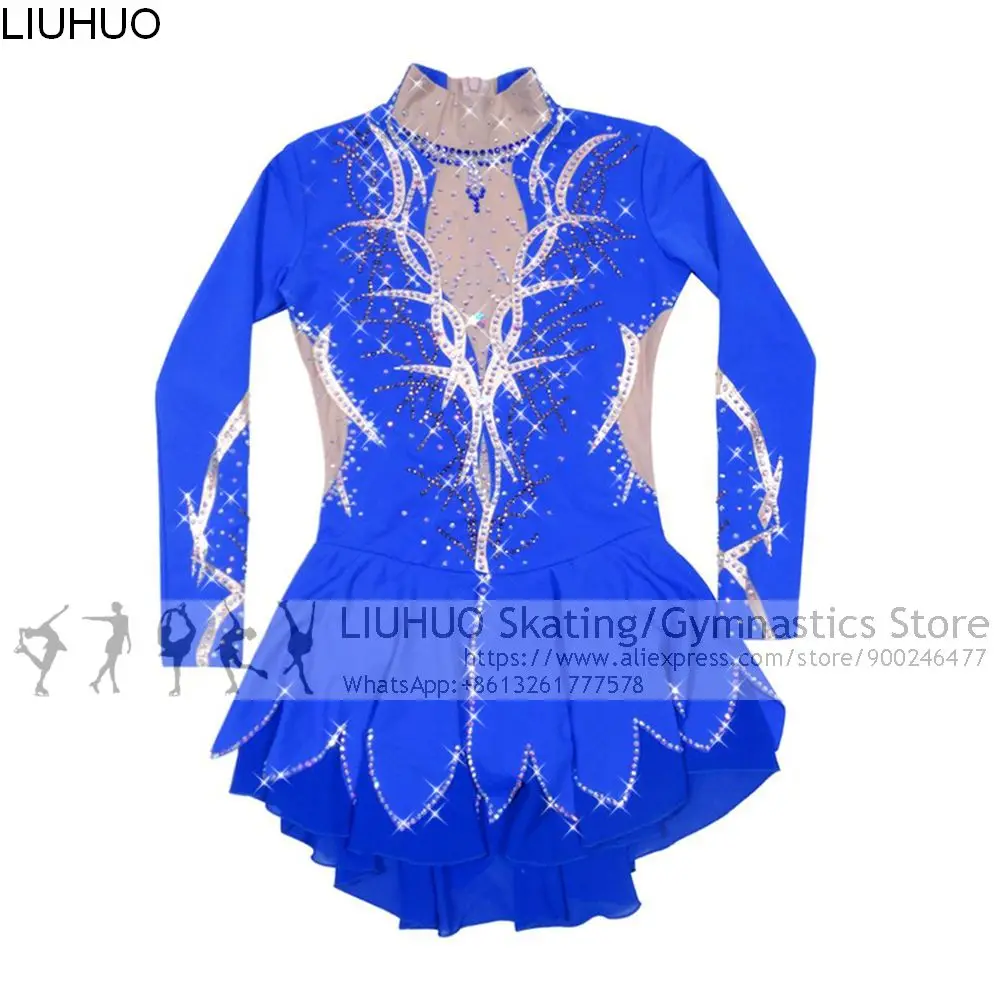 

Ice Skating Dress Girls Blue Rhinestones Lace Children Kids Competition Dress High Elasticity Figure Skating Costumes for Women