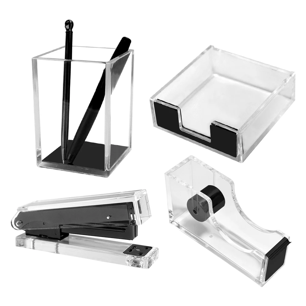 

Acrylic Office Desk Set Black Desk Organizer Supplies Set with Magnetic Round Paper Clips Holder 1" Black Paper Clips Memo Pads