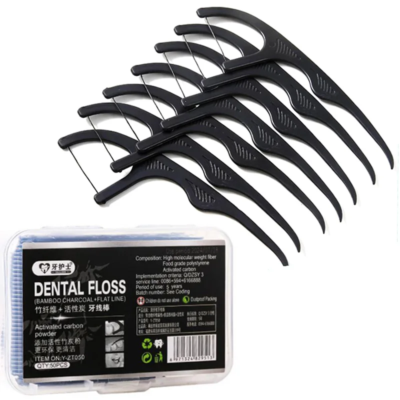 

50 шт., зубочистки с бамбуковым углем