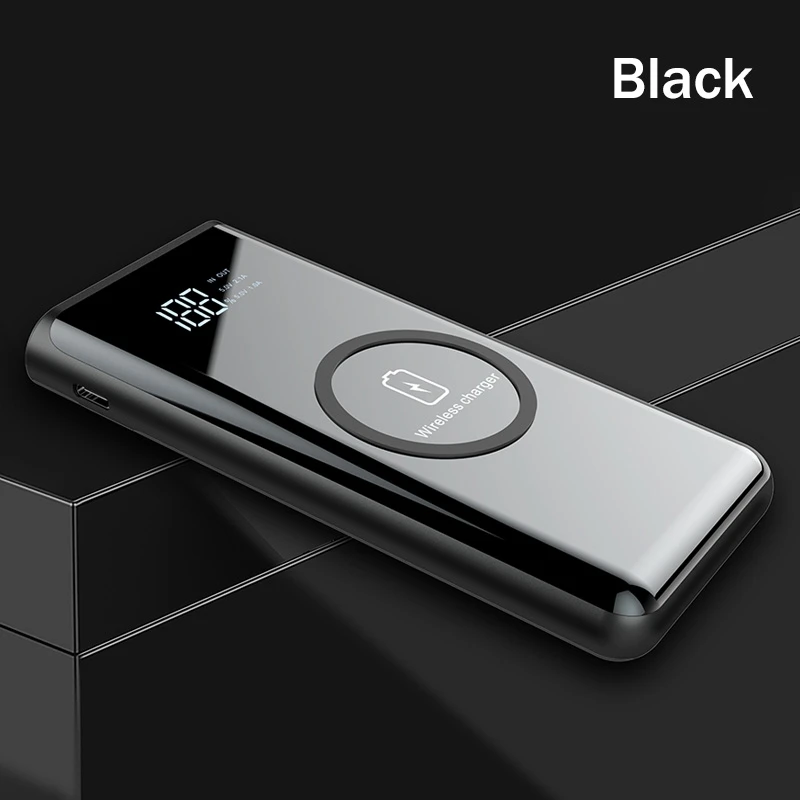Power Bank 10000 мА-ч, беспроводное зарядное устройство YKZ светодиодный дисплей портативное зарядное устройство power bank с светодиодный фонарик внешняя батарея для iPhone - Цвет: Black