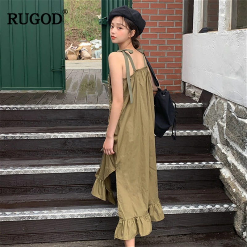 RUGOD новые полки женского зеленого асимметричного платья с боковым разрезом свободного покроя платье корейской моды прохладно платье девушки