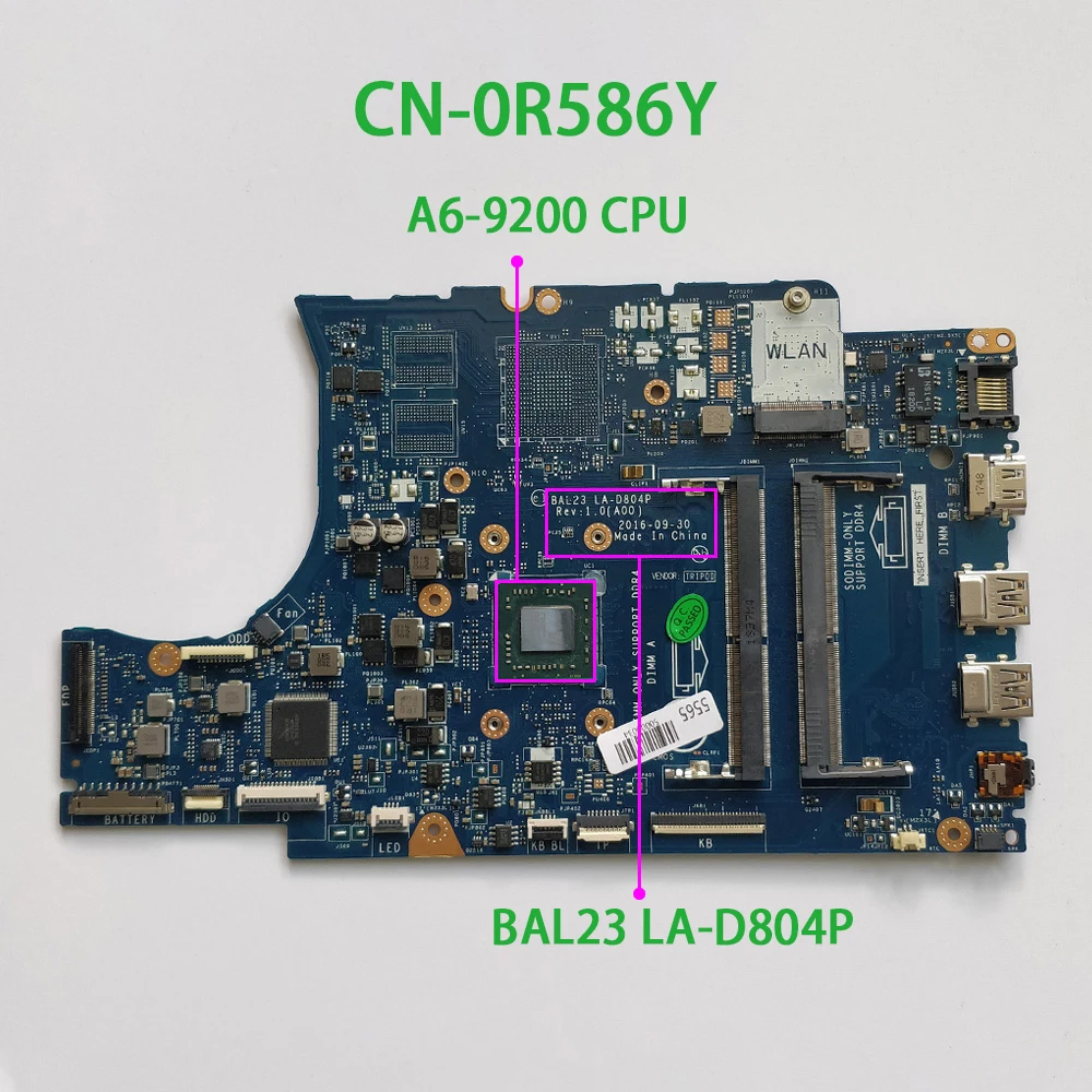 Genuine CN-0R586Y 0R586Y R586Y BAL23 LA-D804P w A6-9200 CPU Laptop Motherboard for Dell Inspiron 5565 Notebook PC