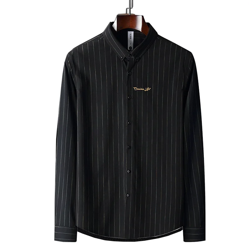 

New Arrival Fashion High Quality Light Luxury Striped Men Long Sleeve Embroidery Youth Casual Smart Casual Shirts Plus Size 4XL