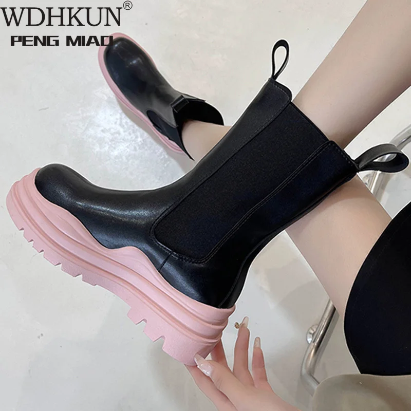

Women Chelsea Ankle Boot PU Leather Autumn Short Boots Thick Platform Fashion Women's Shoes Lady Slip On Casual 2021 New Female