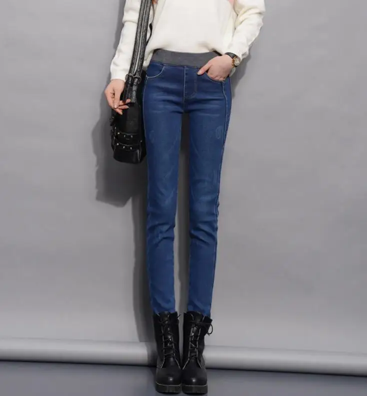 Кашемировые зимние теплые джинсы женские черные с высокой талией для девочек