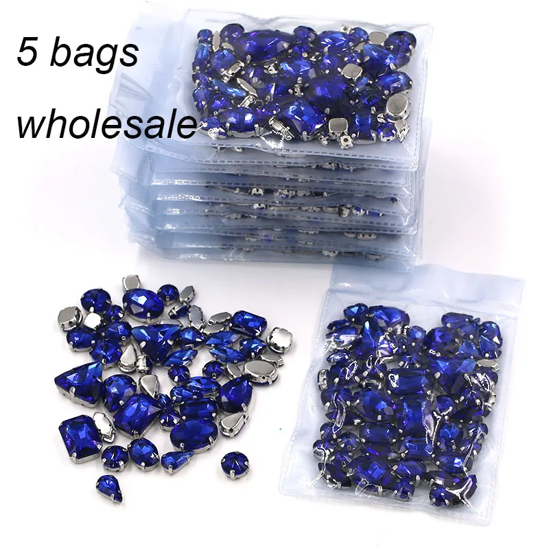 

New Clothing accessories Wholesale 5 bags mixed shape glass crystal sliver base Royal blue rhinestones diy wedding dress