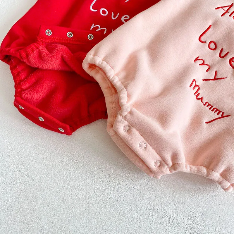 

New Winter 3-36M Baby Girls Plus Velvet Letter Embroidered Long-sleeve Bodysuit Infant Warm Triangle Romper with Headwear