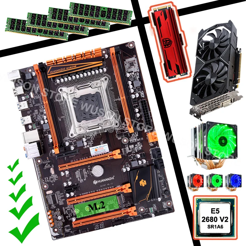 Комплект материнской платы HUANANZHI X79 для игрового ПК 240G NVME SSD GTX1050Ti 4G CPU Xeon E5 2680 V2 SR1A6