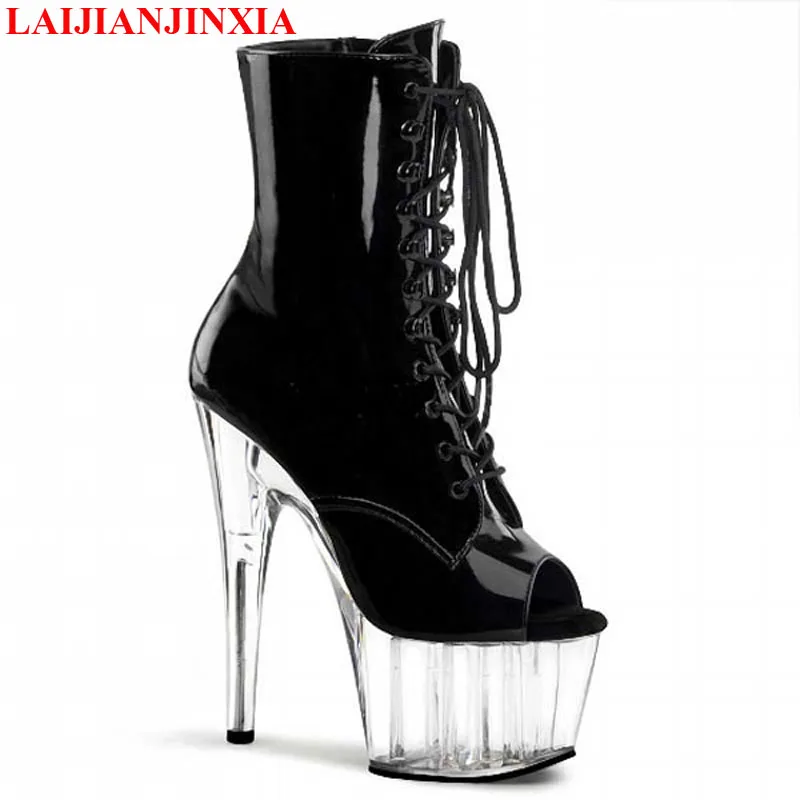 New american star shoe sexy fish mouth black crystal low barrel boots 15cm high heels waterproof platform Dance Shoes