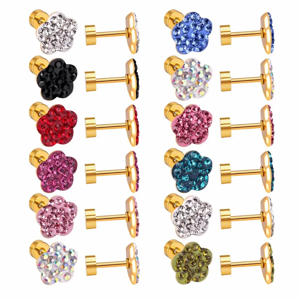 

LUXUKISSKIDS 9mm 12Pairs/Lot Colorful Small Stud Earrings Set For Women Gold steel Jewelry Screw Earings 316L Stainless Steel