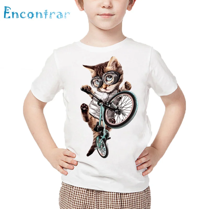 

Kids Cute Cat Print Funny T shirt Baby Summer Short Sleeve Tops Boys and Girls Casual White T-shirt