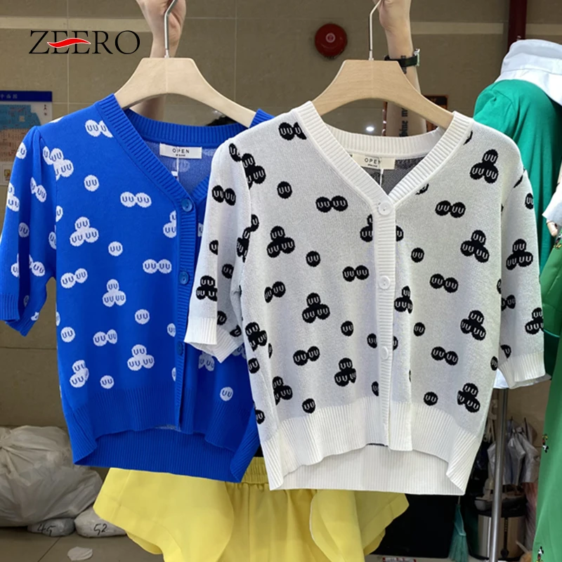 

Summer Woman Casual V-Neck Dots Knitted Cropped Cardigans Crop Top Women Slim Short Tops Female Blusas Mujer Cardigan