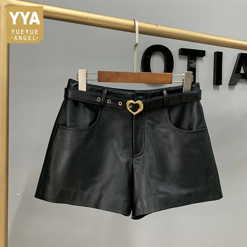 Casual Sashes Genuine Leather Shorts Women Black Straight Sheepskin A-Line Shorts Autumn Winter Office Lady Wide Leg Shorts