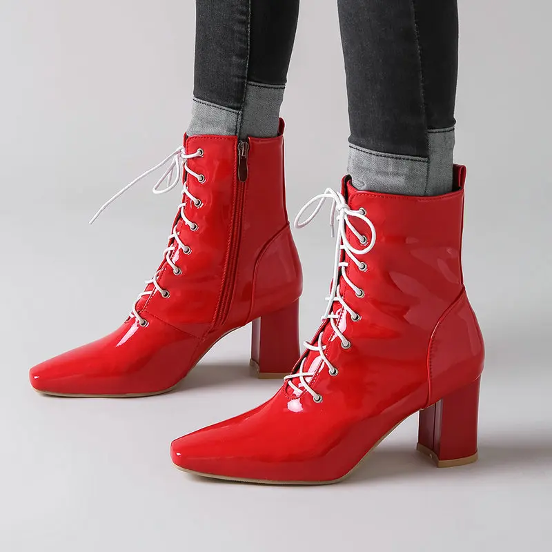 Ботильоны женские из лакированной кожи модные ботинки на высоком квадратном