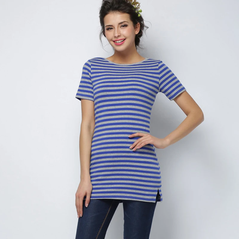 Free shipping Striped Print Women T-shirt 2021 Summer New Fashion Short Sleeve Female Tops Slash Neck Long Slim Ladies Tees | Женская