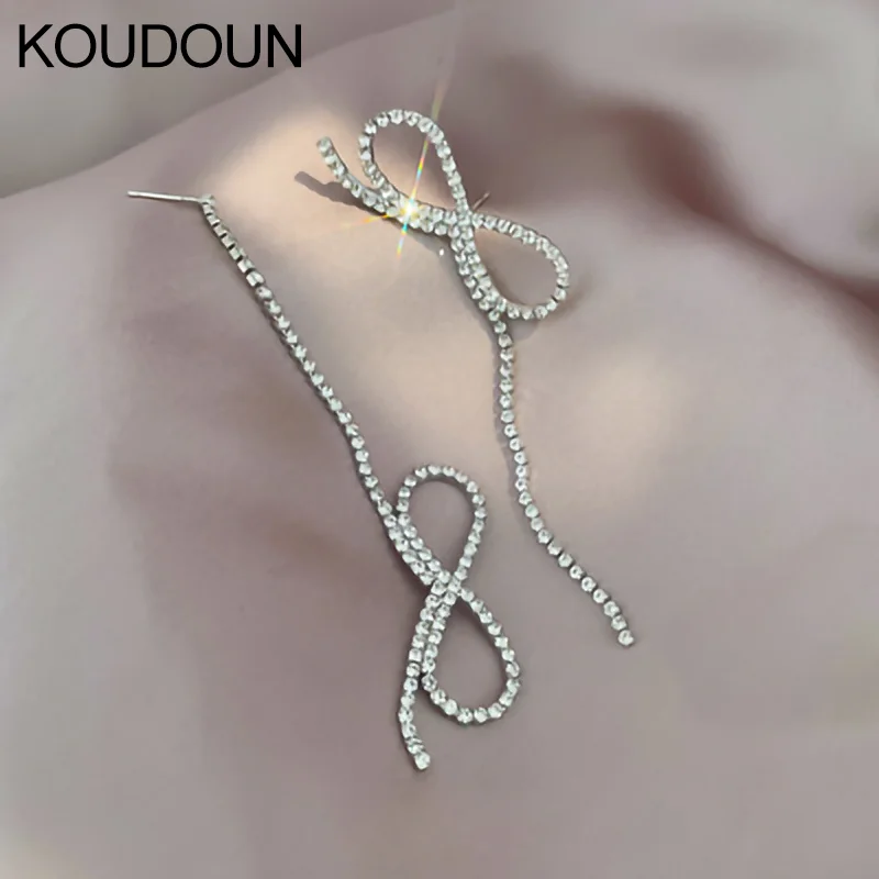 

KOUDOUN Sweet Style Super Fairy Long Stud Earrings Female Net Red Same Earrings Korean Bow Tassel Earrings Temperament Earrings