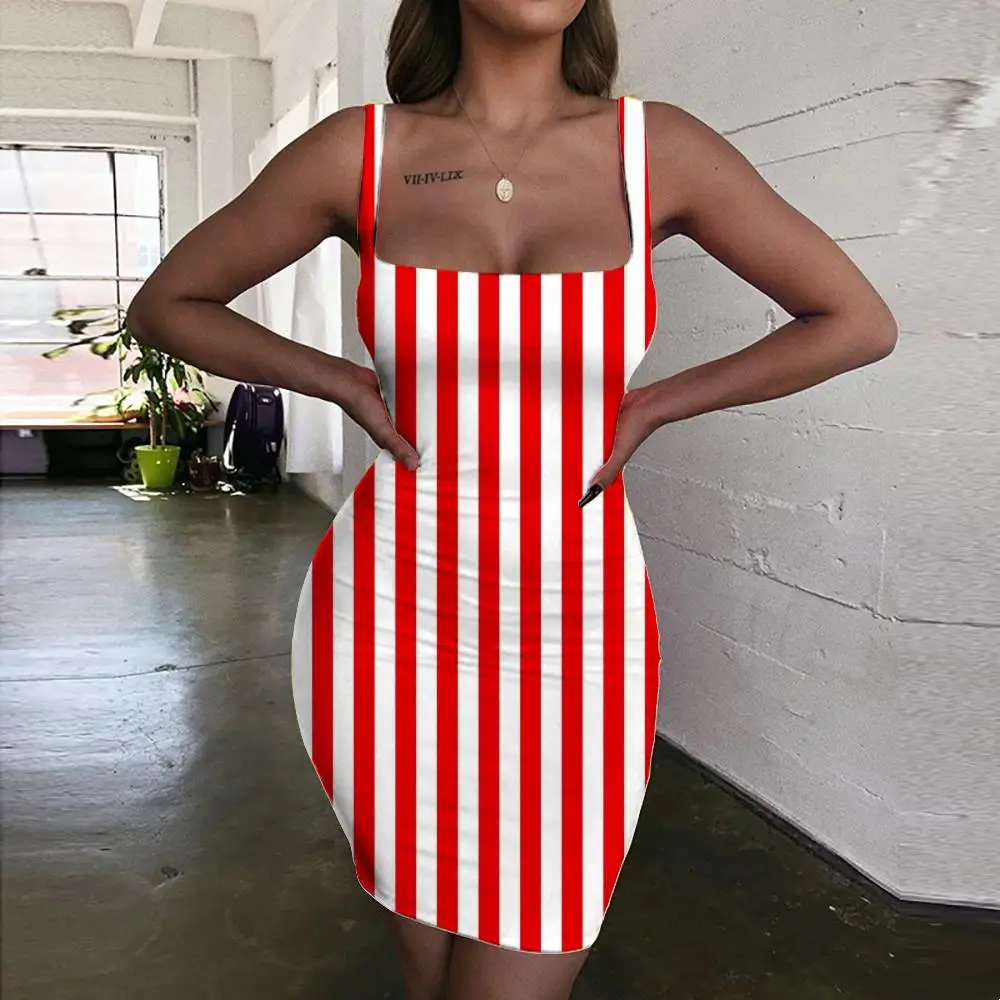 

KYKU Stripe Dress Women Abstract 3d Print Harajuku Bodycon Dress Womens Clothing Summer Vintage Boho Femme