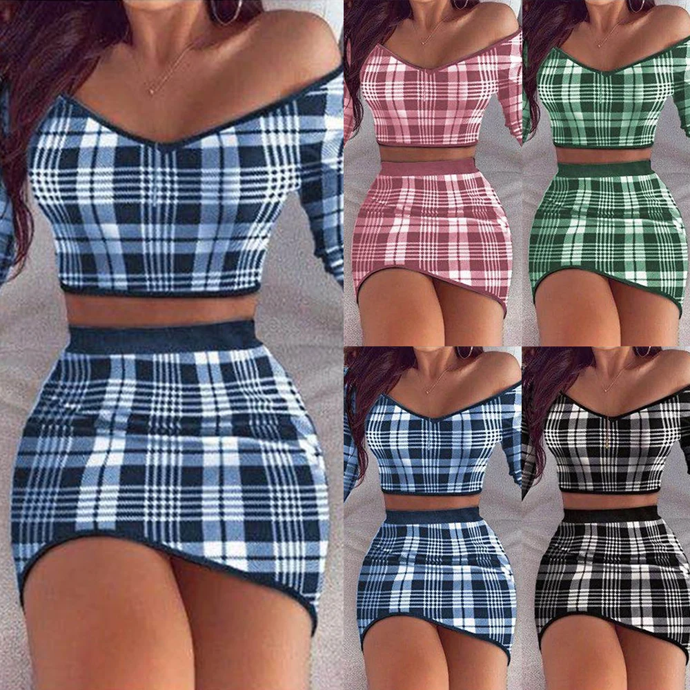 

Women Dress Sets Fashion Slash Neck Plaid Knitted Skirt Crop Top Mini Skirt 2020 off shoulder Tank Slim Fit Bodycon clothes set