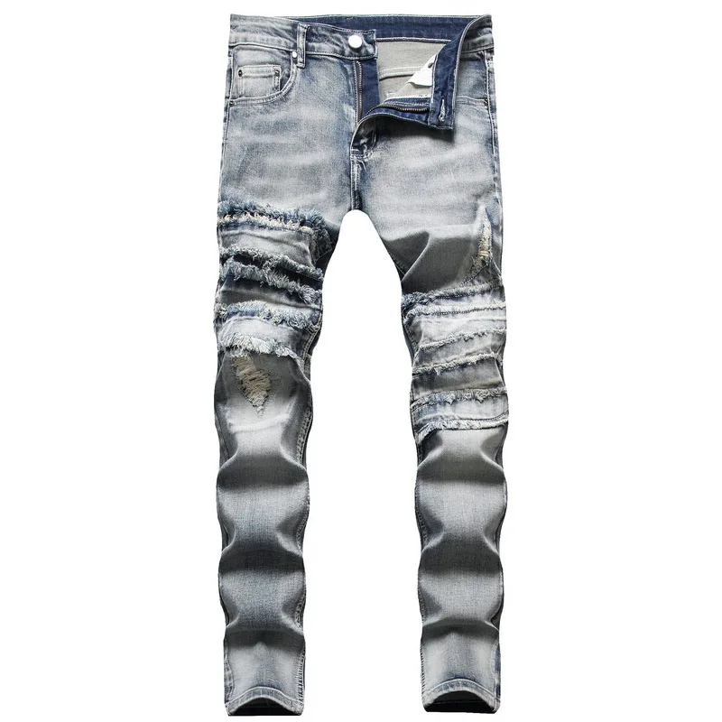 

2021 Autumn Winter Wash High Street Slim Jeans Men Cut Patchwork Fold Burrs Ripped Jeans Mens Trend Blue Hole Denim Pants