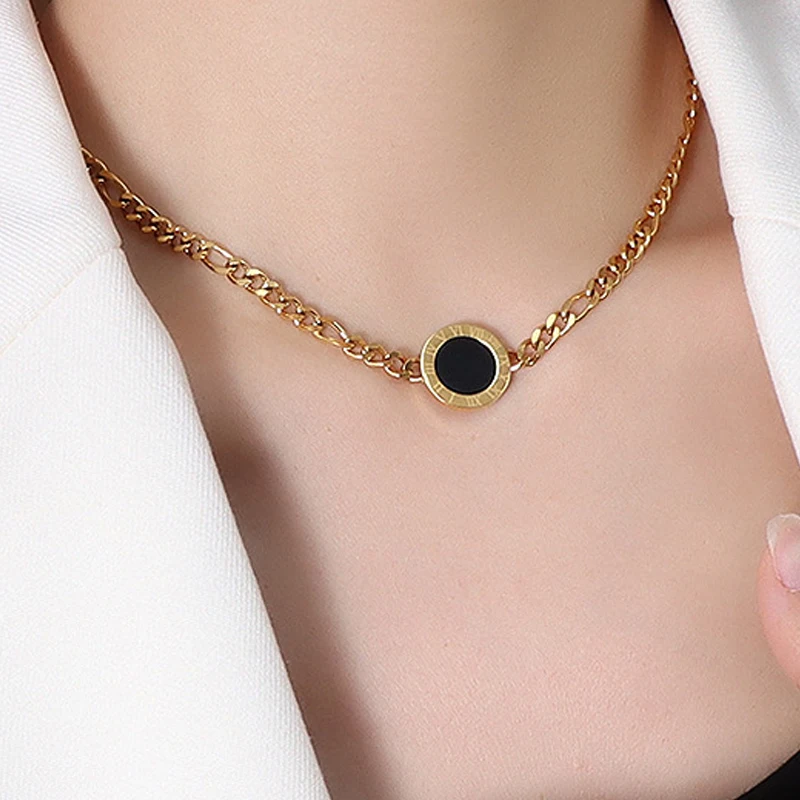 

Titanium Steel Choker Hip Hop Roman Numerals Necklace Collar Statement Big Chunky Gold Color Thick Chain Necklace Women Jewelry