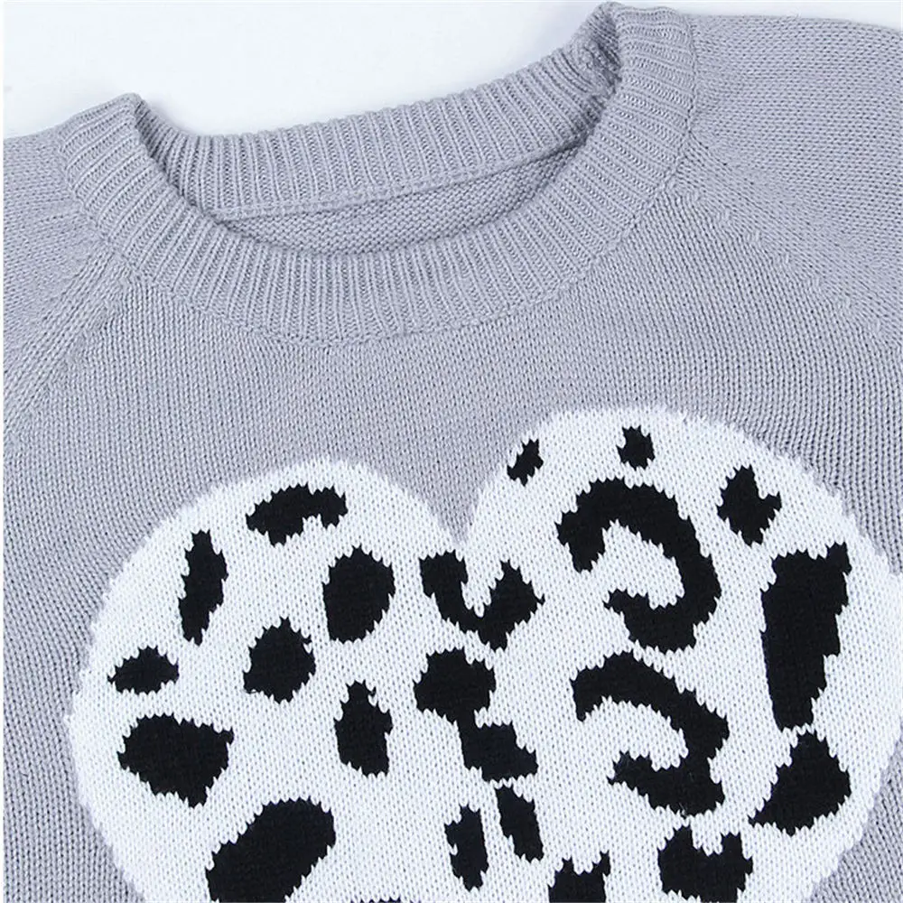 

Women Winter Sweater Heart Leopard Chic Knitted Pullover Ladies Popular Streetwear Warm Tops Knitting Pull Sweaters