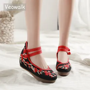 Женские парусиновые туфли Veowalk, в китайском стиле, со скрытой платформой, с цветочной вышивкой, винтажные повседневные туфли с ремешком на щиколотке