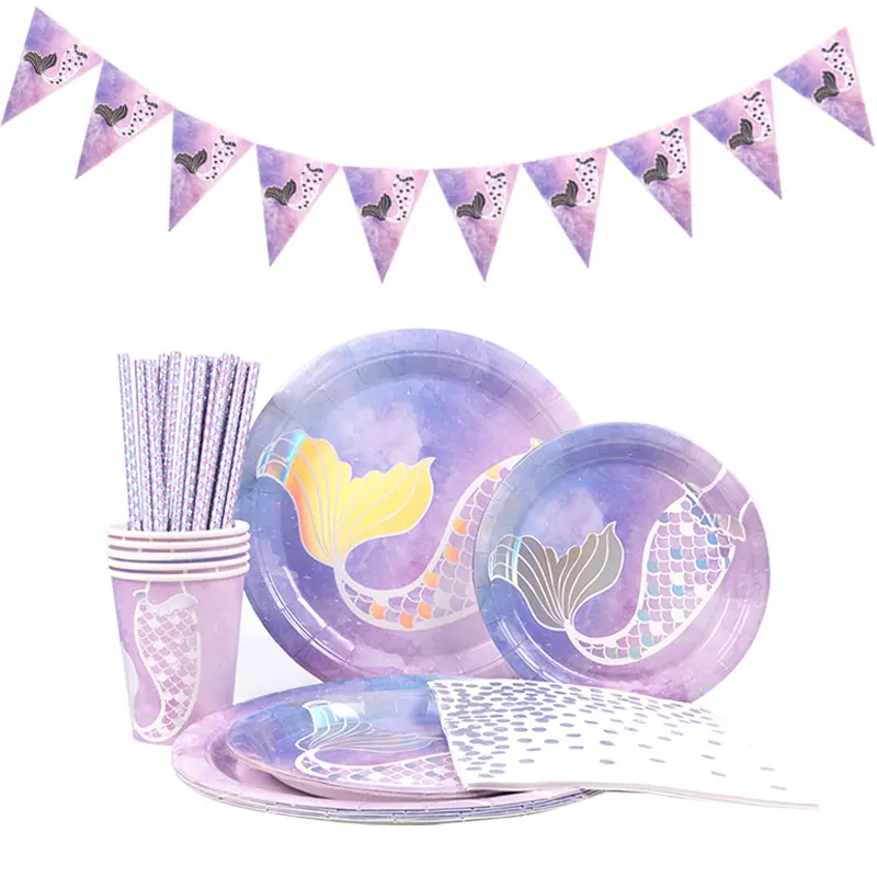 

Mermaid Birthday Party Decoration Tableware Supplies Plates Cups Spoons Napkins Straw Ballons for Wedding Baby Shower Decor