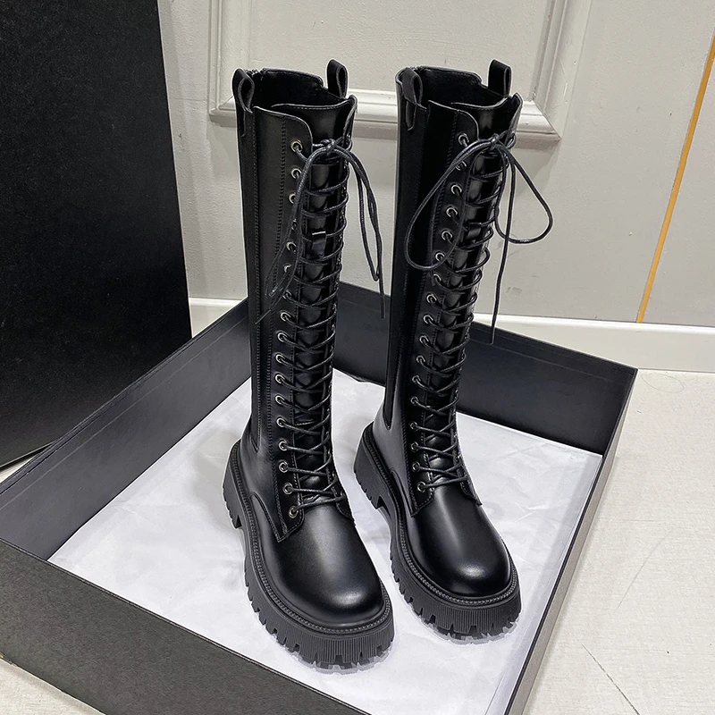 

Женские сапоги до колена на массивном каблуке, черные высокие сапоги в стиле панк на платформе, на шнуровке, в готическом стиле, Осень-зима ...