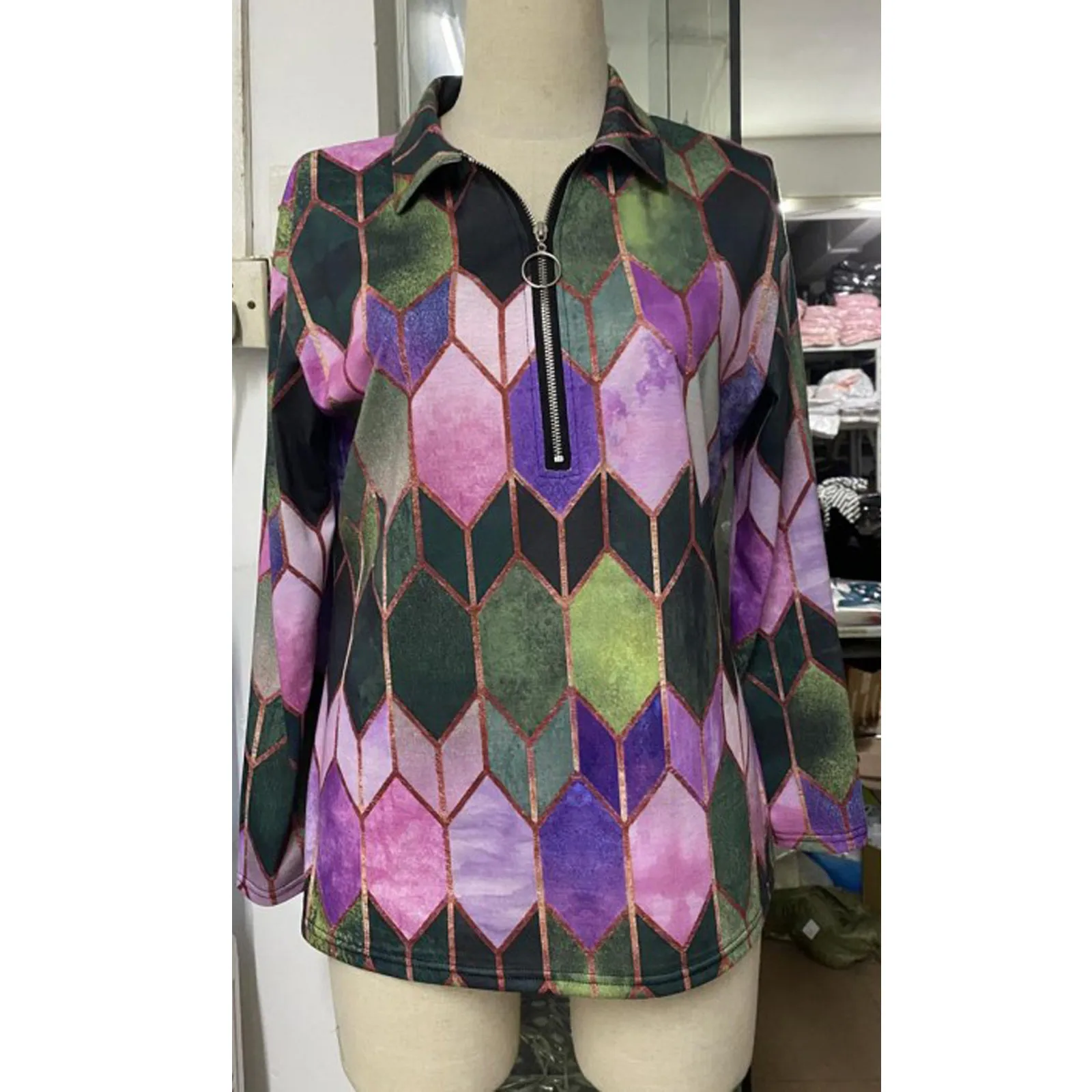 

V-neck Zip Up Sweatshirts Fashion Women Lapel Geometric Print Zipper Hoodies Long Sleeve Casual Blouse Top Fashion Female Jumper